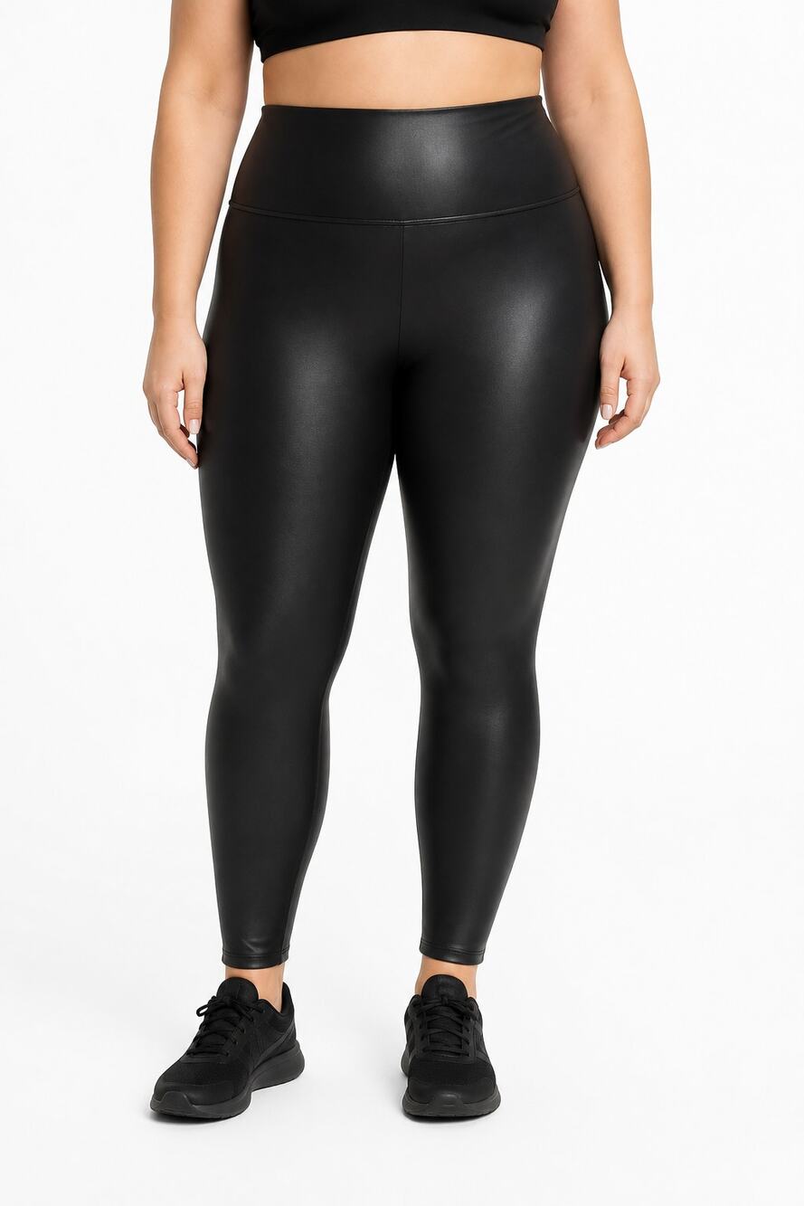 SPANX Women Faux Vegan Leather High Rise Shaping Leggings Black 1X Plus Size
